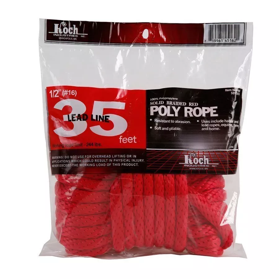 Koch Industries Polypropylene, Solid Braid Rope, Red, 1/2" X 35'