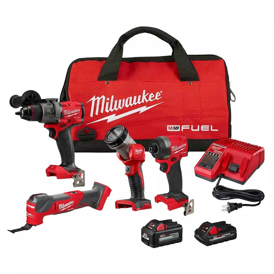 Milwaukee M18 FUEL 18V Lithium-Ion Brushless Cordless Combo Kit (4-Tool) with Two High Ouput Batteries, 1 Charger 1 Tool Bag