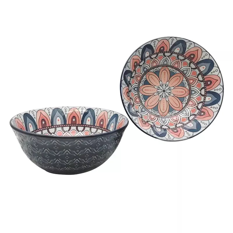 Navy & Coral Kaleidoscope Cereal Bowl, 8"