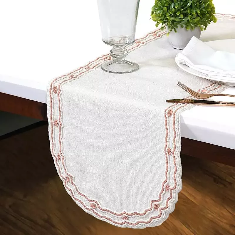 Neutral Table Runner with Pink Beading Design, 36x13