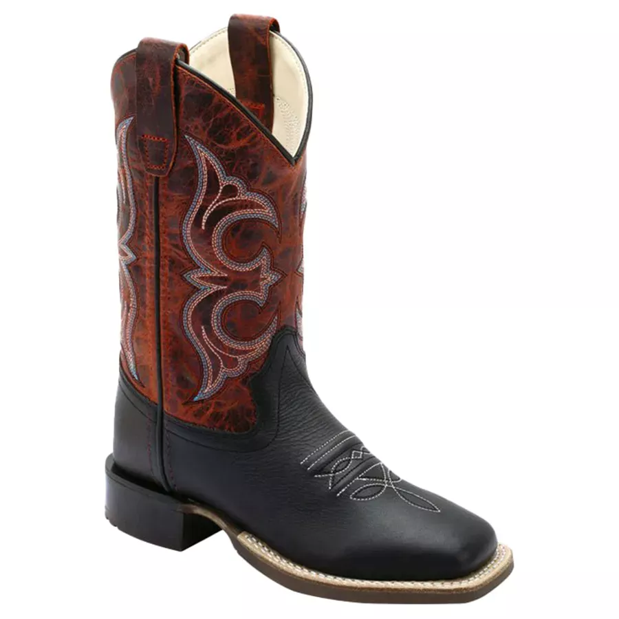 Old West Boy's 11" Burnt Red Leather Square Toe Boots - Black
