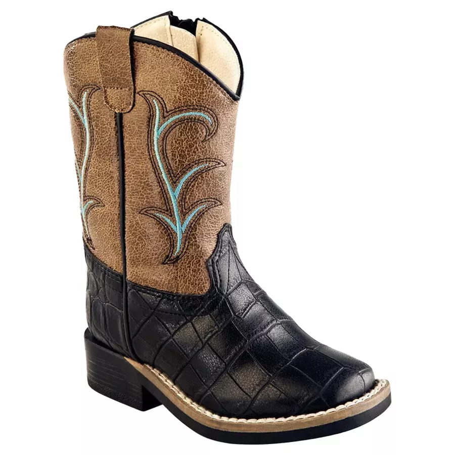 Old West Boy's Toddler Crocodile Print Square Toe Boots - Black
