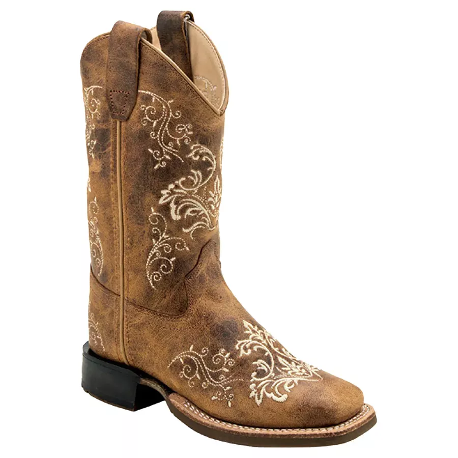 Old West Girl's 9" Embroidered Square Toe Boots - Tan