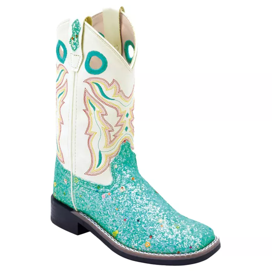Old West Girl's 9" Sparkle Square Toe Boots - Lake Blue