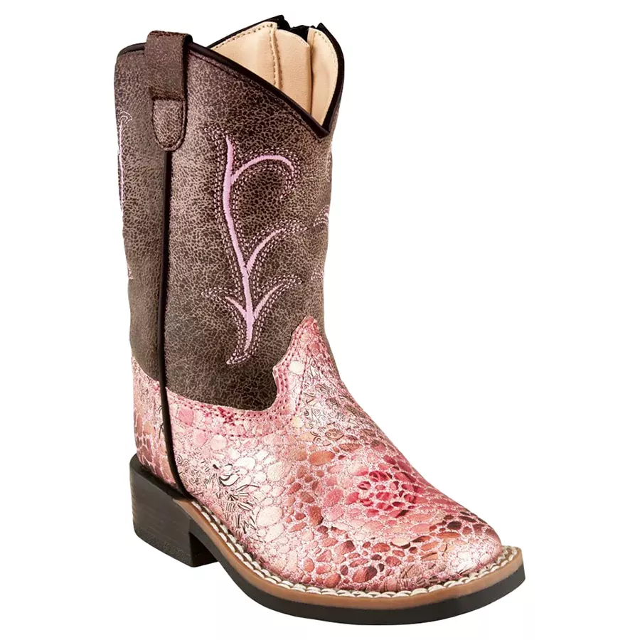 Old West Girl's Crackle Square Toe Boots - Antique Pink