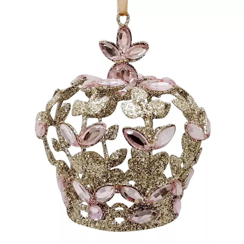 Pink & Champagne Glittered Metal Crown Ornament, 4"