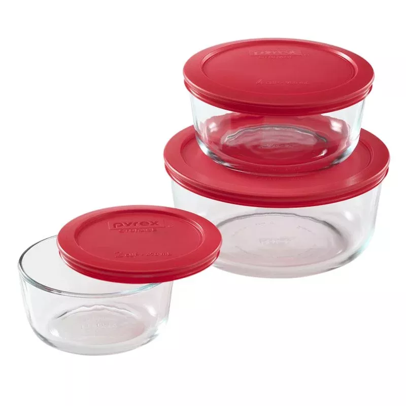 Pyrex 6-Piece Red Round Glass Food Storage Set, 2c/4c/7c