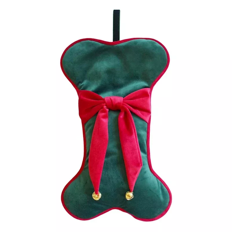 Red & Green Dog Bone Stocking with Bells, 17"