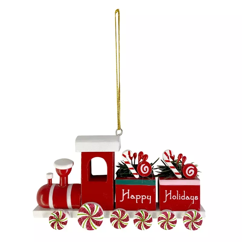 Red Peppermint Happy Holidays Train Ornament, 5"