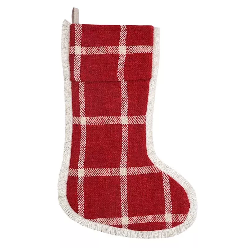 Red Plaid Stocking with Fringe, 20"