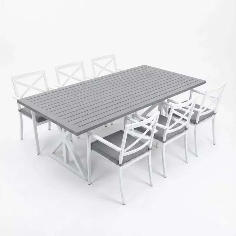 Shelta Bridgeport 7 Piece Dining Setting with 180cm Table Graphite Table Top / Boulder Cushions / White PC Frame