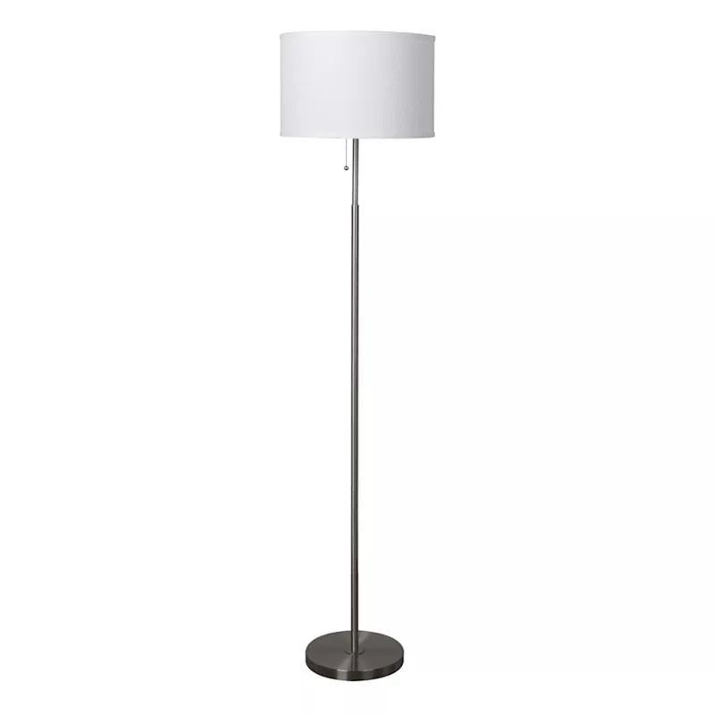Silver Stick Floor Lamp with White Fabric Drum Shade, 62"
