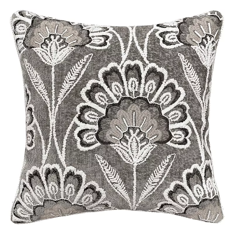 Taupe Floral Chenille Embroidered Throw Pillow, 18"