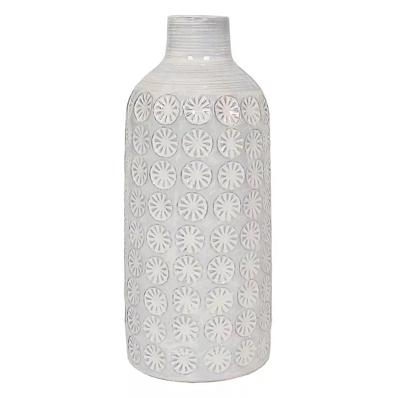 White Embossed Ceramic Vase, 12"