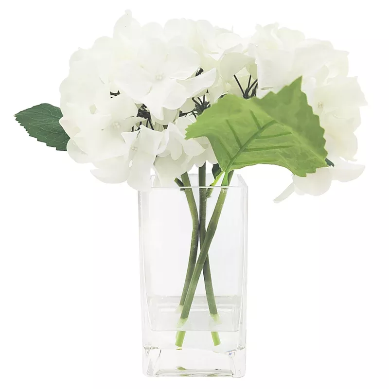 White Real Feel Hydrangea Arrangement in Glass Pot, 10"