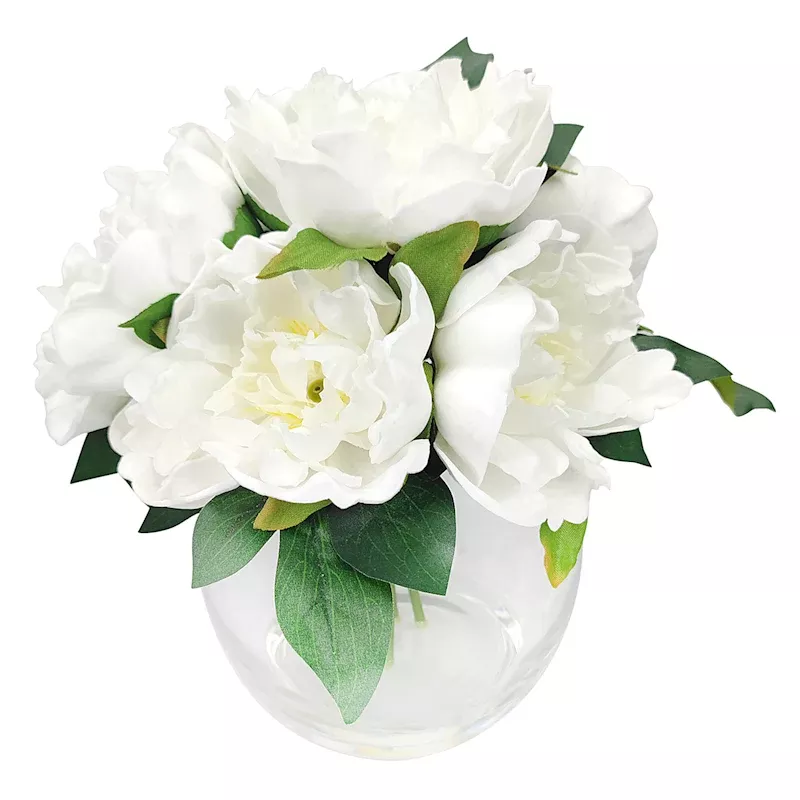 White Real Feel Peony Arrangement in Glass Pot, 10"
