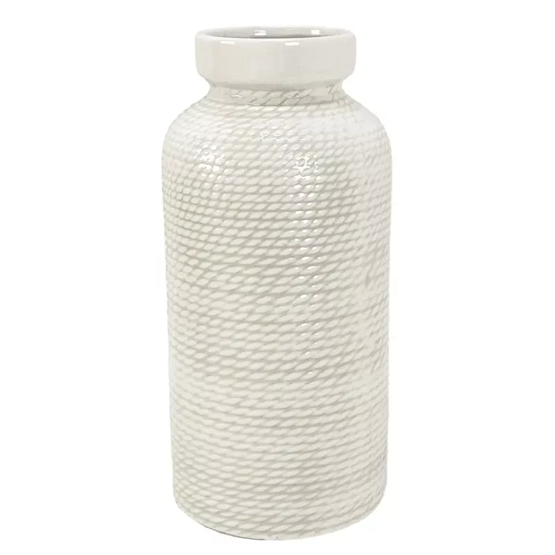 White Ribbed Ceramic Vase, 10"