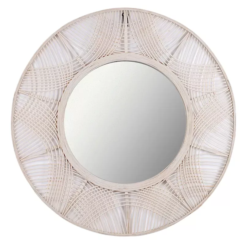 White Round Bamboo Wall Mirror, 35"