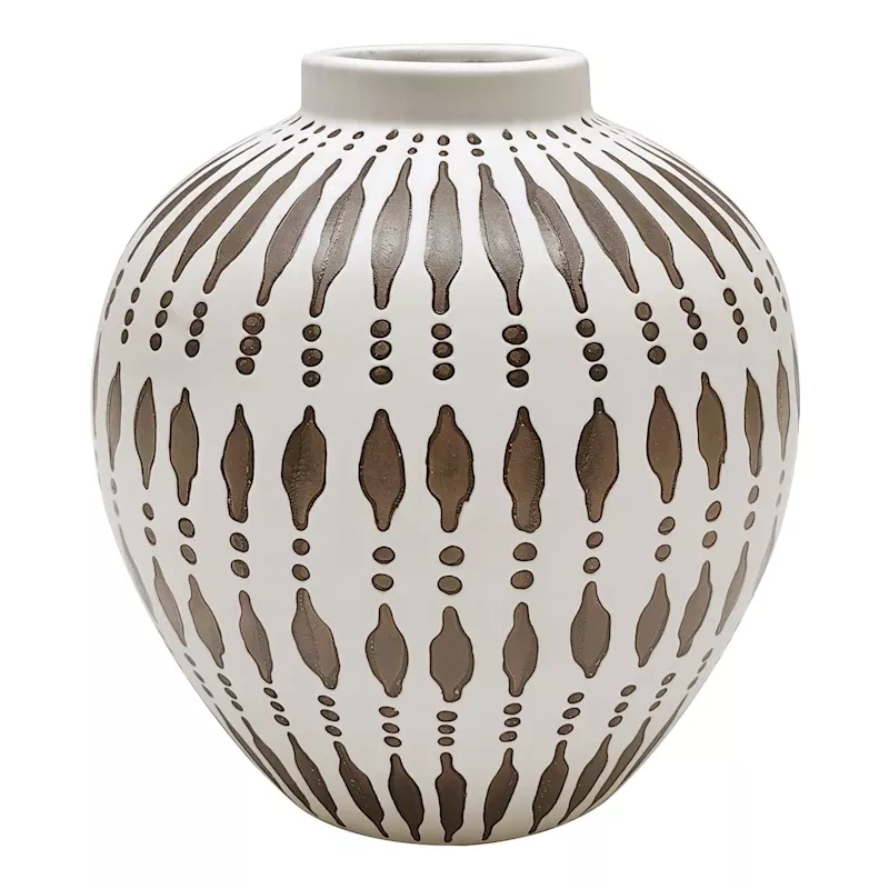White & Tan Tribal Round Vase, 9.4"