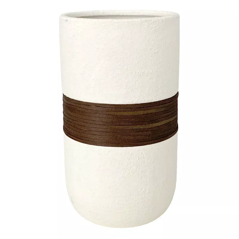 White Vase With Wood Band Vase, 8"