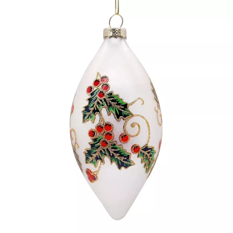 White with Holly Glass Finial Ornament, 5"
