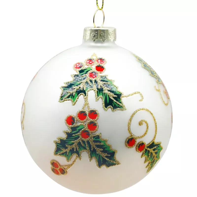 White with Holly Glass Ornament, 3"