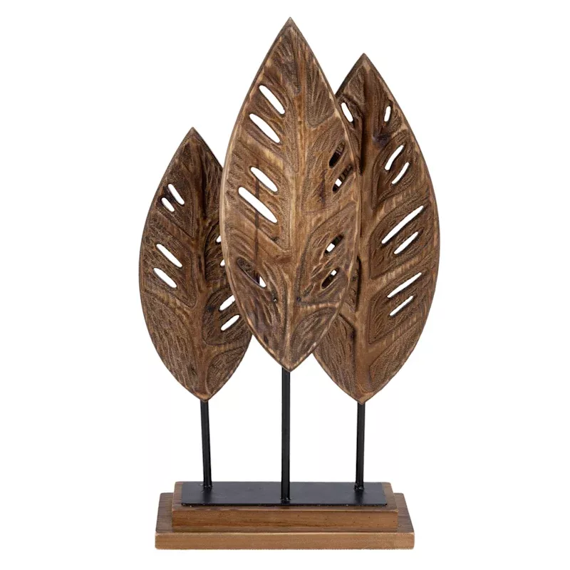 Wooden Leaf Statue on Stand, 15.9"