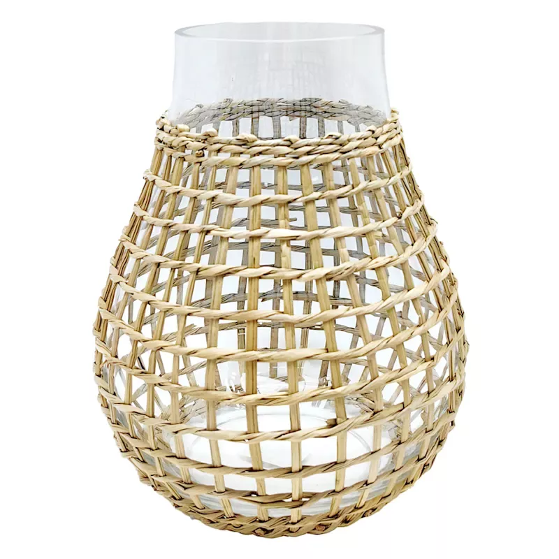 Woven Grass Wrapped Glass Vase, 10"
