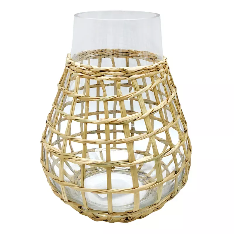 Woven Grass Wrapped Glass Vase, 8"