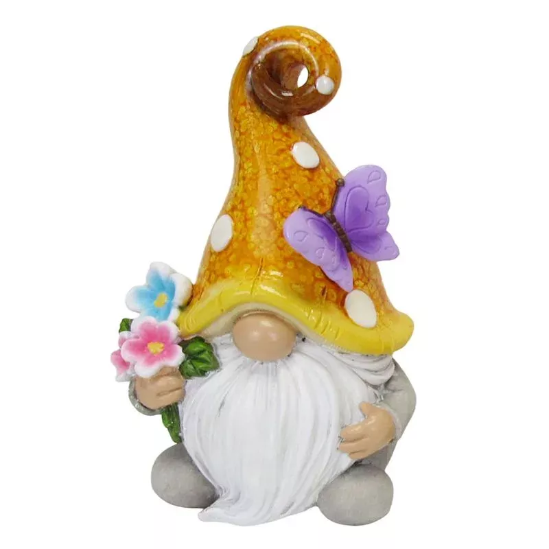 Yellow Mushroom Hat Gnome Outdoor Garden Statue, 6"