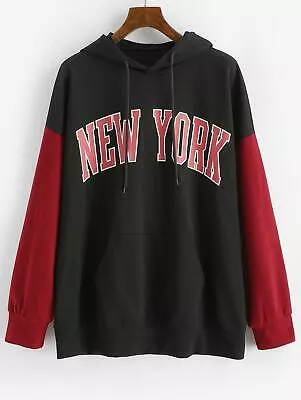 Zaful Front Pocket Graphic Colorblock Hoodie Black/Red New York Size Small US 4